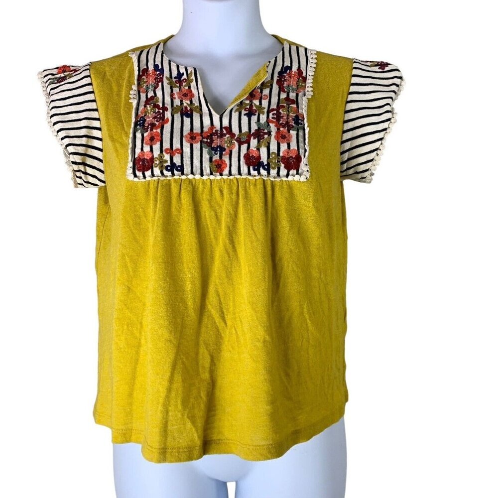 THML Yellow Embroidered Peasant Tunic with Striped Sleeves